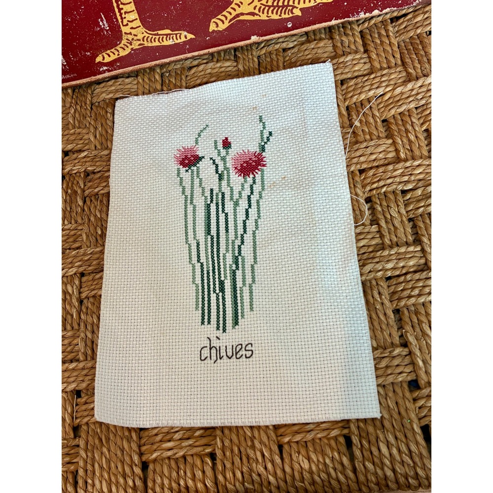 Handmade Cross Stitch Art Cream Botanical Chives Herb Handmade